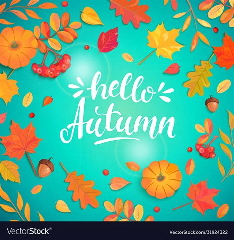 Hello Autumn Lettering Surrounded Autumn Leaves Vector Image