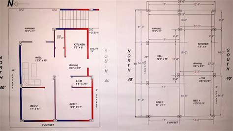 30 X 40 East Face 2 Bedroom House Plan With Centre Line Diagram Youtube