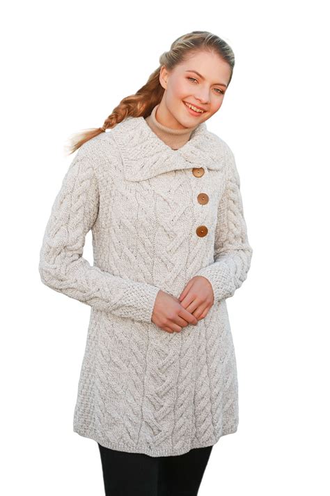 long wool cardigan aran cable knit irish merino wool 3 button closure soft ivory ebay