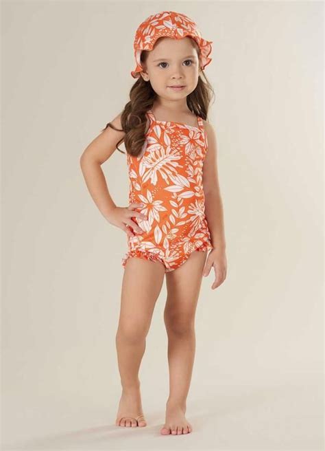 Up Baby Maiô Infantil Estampado Laranja Chapeu De Praia Infantil