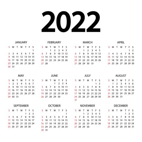 Calendário De 2022 Anos A Semana Começa No Domingo Modelo De