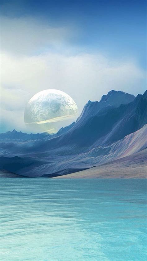 Mountain And Moon Blue Art Nature Iphone Wallpaper