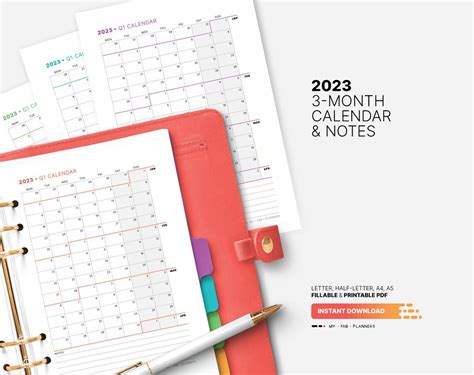 2023 3 Month Calendar Notes Printable At A Glance Quarterly Etsy