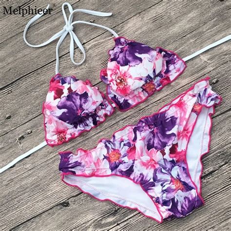 New 2018 Brazilian Bikini Ruffle Ruched Bandeau Sexy Bandage Swimsuit