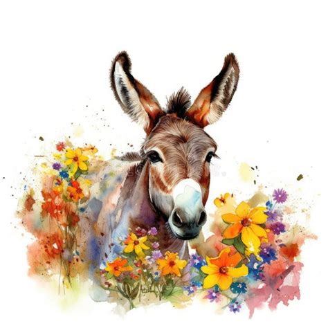 Delightful Donkey Foal In A Colorful Flower Field For Art Prints And
