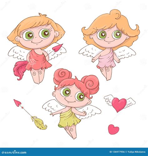 Set Of Cute Cartoon Angels For Valentine S Day With Accessories Stock