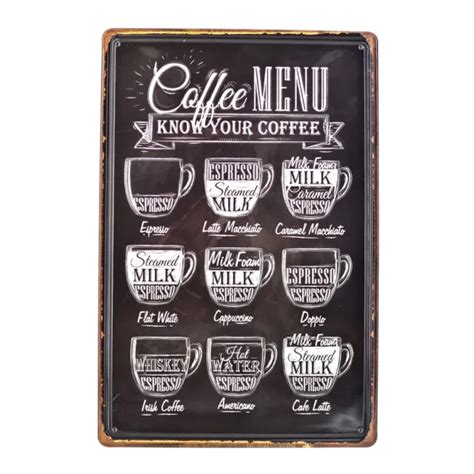 Coffee Menu Know Your Vintage Tin Signs Metal Plate Cafe Decor Art Wall