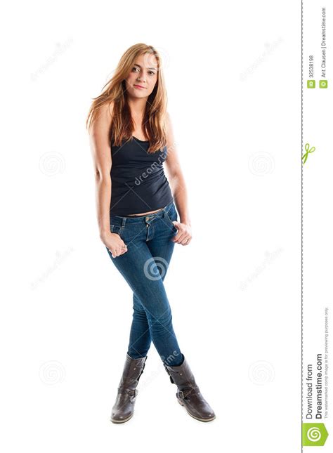 Full Body Portrait Of A Happy Smiling Young Woman Stock