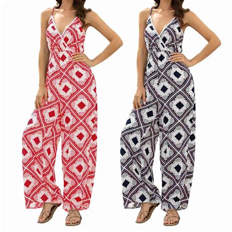 Womens Sexy V Neck Sling Printed Siamese Pants Loose Casual Siamese Pants Jumpsuits