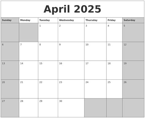 April 2025 Calanders