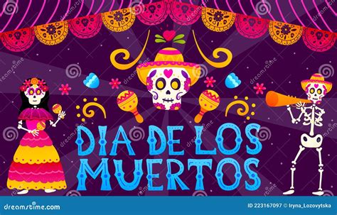 Dia De Los Muertos Banner In Cartoon Style With Dancing Skulls And