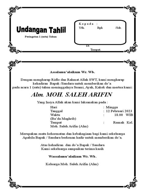 Undangan Tahlil 1 Tahun Pdf