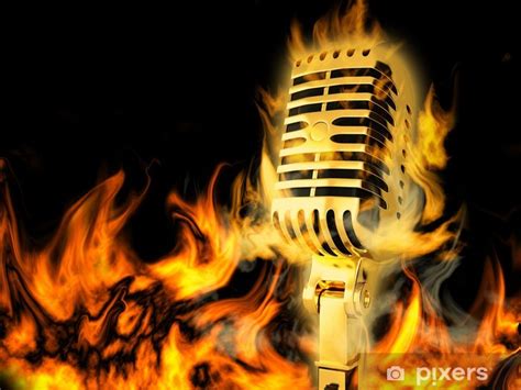 Wall Mural Gold Vintage Microphone On Fire Pixersuk