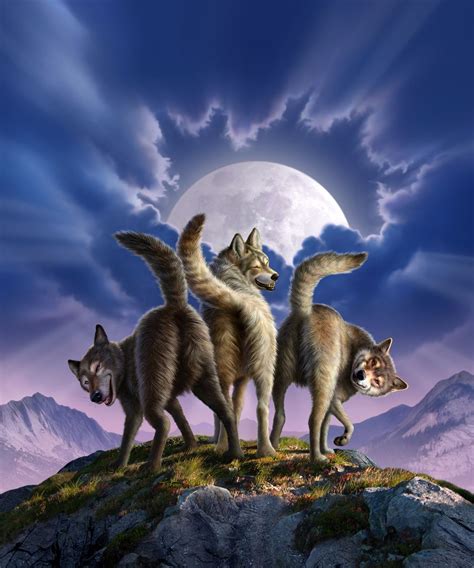Three Wolves Mooning By Jerry Lofaro Humourous 2d Canine Art