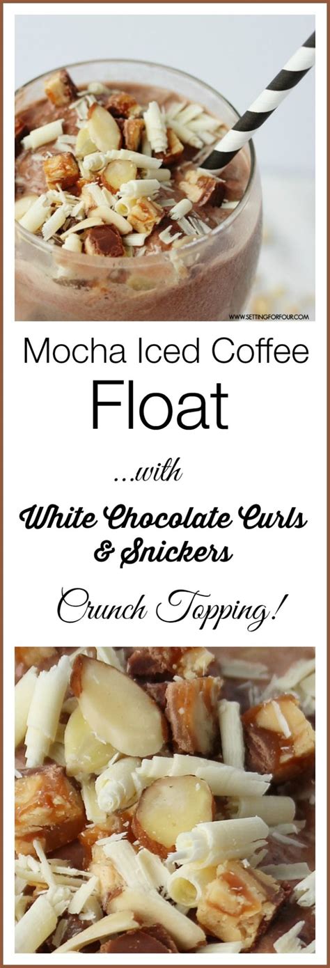 Mocha Iced Coffee Float With White Chocolate Curls And Snickers Crunchy