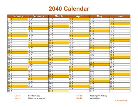 2040 Calendar On 2 Pages Landscape Orientation