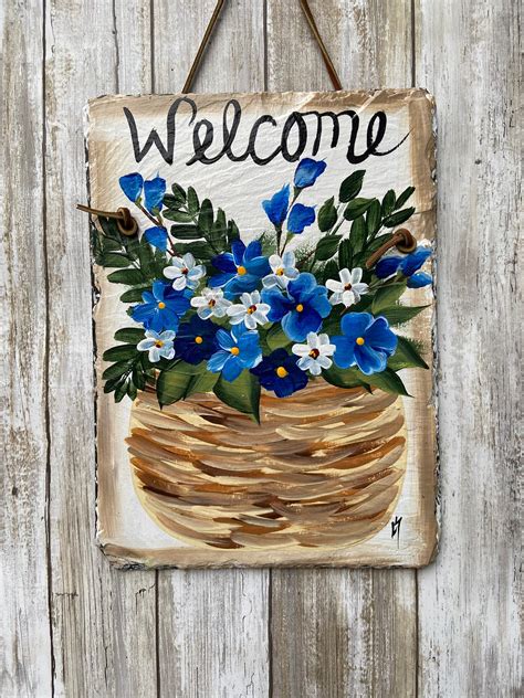Hand Painted Slate Welcome Sign Welcome Sign Garden Decoration