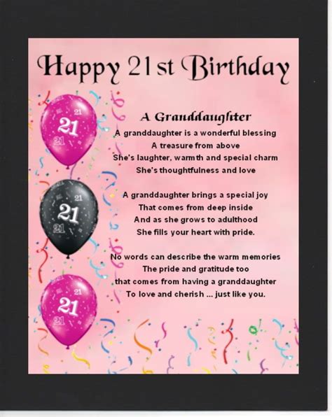 Personalised Mounted Poem Print 21st Birthday Design Granddaughter