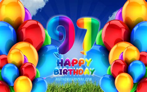 Download Wallpapers 4k Happy 97 Years Birthday Cloudy Sky Background