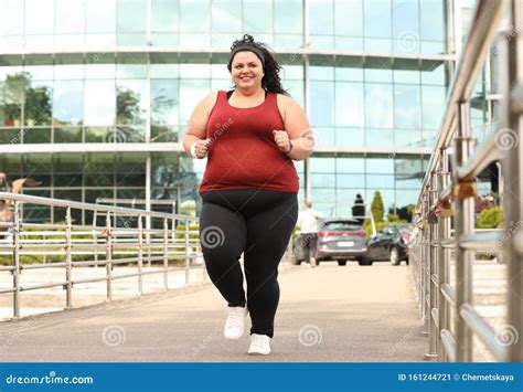 Beautiful Overweight Woman Running Fitness Lifestyle Stock Image Image Of Happy Railing
