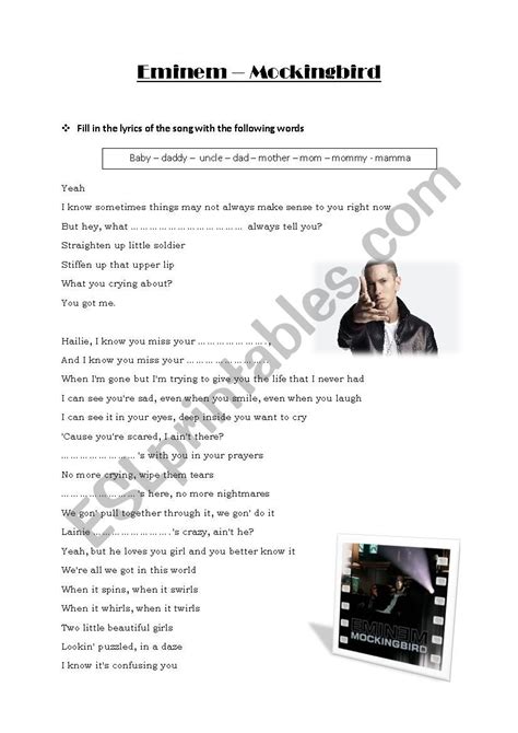 Family Vocabulary Eminem Mockingbird Esl Worksheet By Lizzie