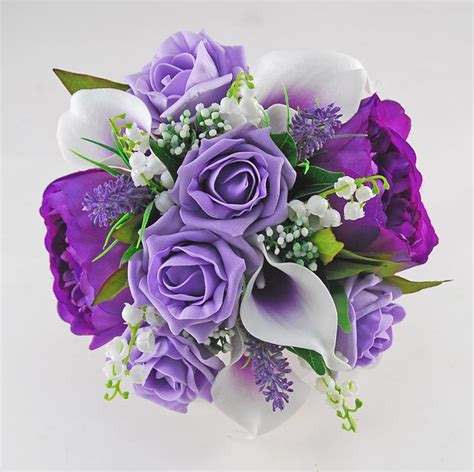Pink white rose silk flower wedding bouquet bridal bouquet. Brides Purple Peony, Calla Lily, Rose & Lilly of the ...