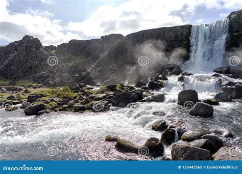 Beautiful Waterfall Oxararfoss In Golden Circle Iceland Stock Image