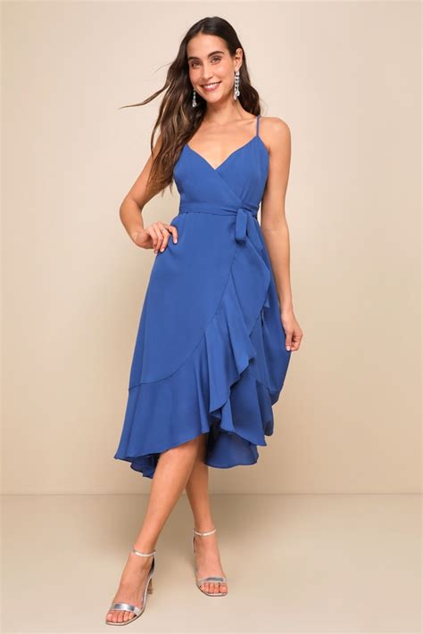 Cute Wrap Dress Midi Dress Blue Dress Ruffled Dress Lulus