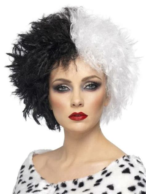 wig cruella black white half black and half white curly costume wig