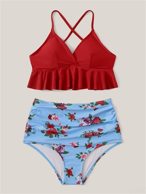 Red Ruffle Hem Criss Cross Cami Top Swimsuit With Floral Bikini Bottom Bikinis Floral Bikini