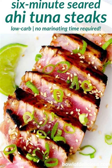 Tuna steak, pepper, salt, salt, soy sauce, red cabbage, sprouts and 11 more. Six-Minute Seared Ahi Tuna Steaks | Recipe in 2020 | Easy ...