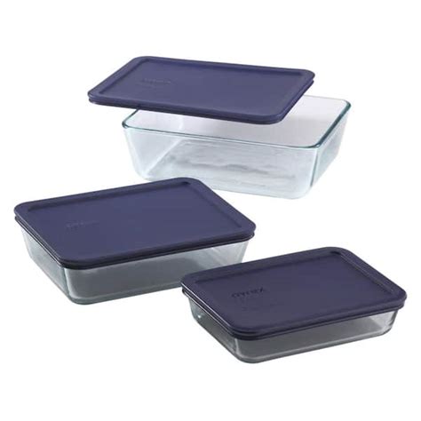 Pyrex Simply Store 6 Piece Rectangle Glass Storage Set With Blue Lids