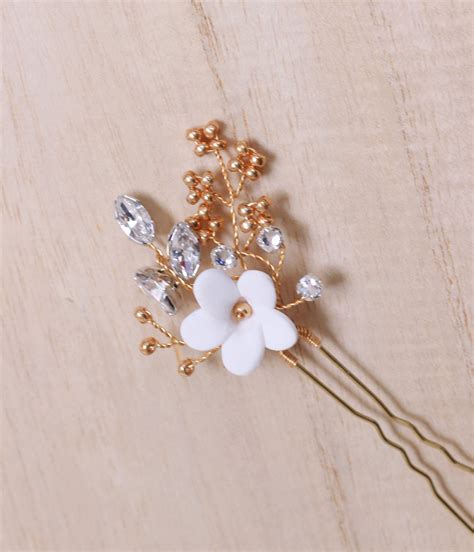 Gold And Swarovski Crystal Bridal Hairpin White Flower Etsy