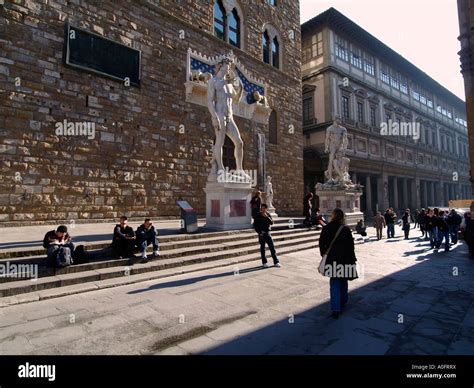 Statues Incl David By Michelangelo In Front Of Palazzo Vecchio On