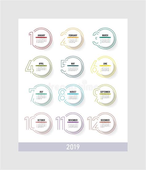 Year 2019 Plain Contemporary Vector Monthly Calendar Week Starting