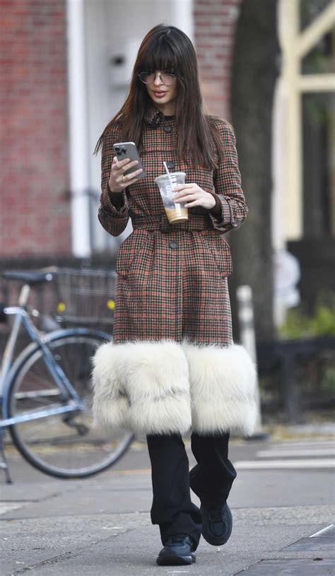 Emily Ratajkowski In A Plaid Coat Picking Up Coffee In New York 1215