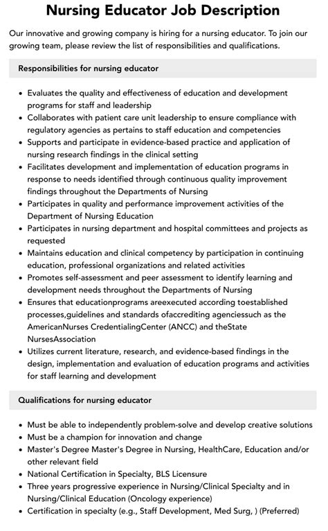 Nursing Educator Job Description Velvet Jobs
