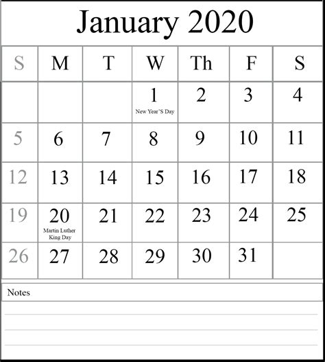 Printable Calenar For 2020 With Space To Write