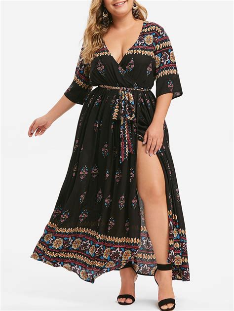 24 Off 2020 Plus Size Plunging Neckline Floral High Slit Maxi Dress