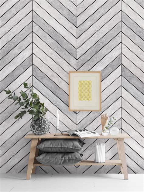 Chevron Grey White Wood Accent Mural Wall Art Wallpaper Peel And Stick