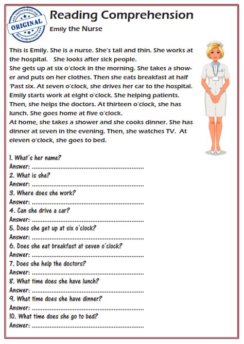Reading Comprehension Worksheets Emily The Nurse English