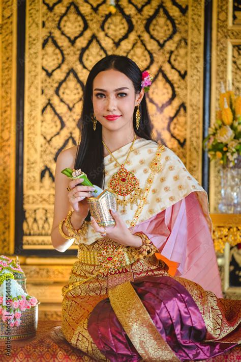 Luxury Portrait Of A Beautiful Thai Girl In Traditional Thai Costume Identity Culture Of