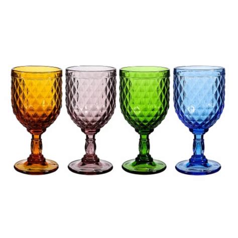 Vintage Style Colored Glass Water Goblet Set Of 4 Multi Colors Drinking Glasses 11 Oz 11 Oz
