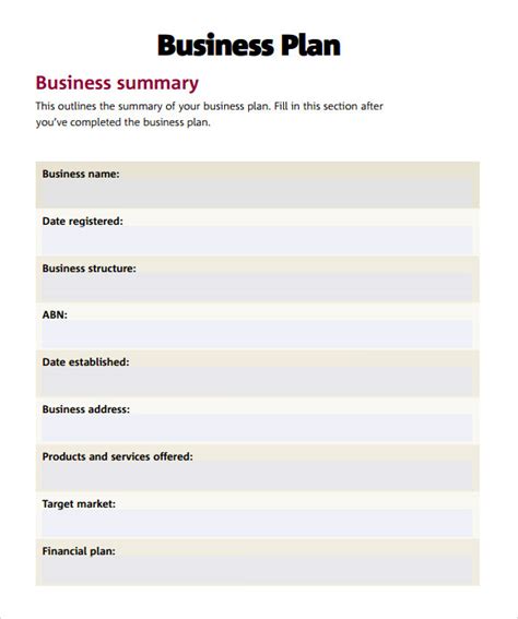 Small Business Printable Business Plan Template