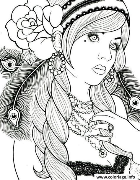 Coloriage et illustration pour un hiver zen, jeune femme au bonnet. Coloriage adulte belle femme cheveux zen - JeColorie.com