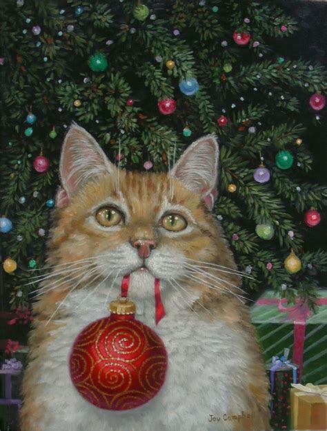 Cat With Ornament Christmas Aceo Print From Original Oil By Joy