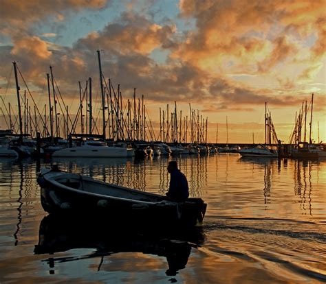 Wallpaper Boat Sunset Sea Water Reflection Sky Clouds Sunrise