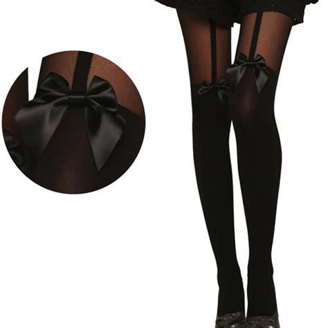 sexy vintage tights bow pantyhose tattoo mock bow suspender sheer stockings polyamide 98cm