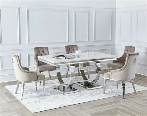 Niches Cream Marble Top Arianna Style Dining Table Chrome 180cm