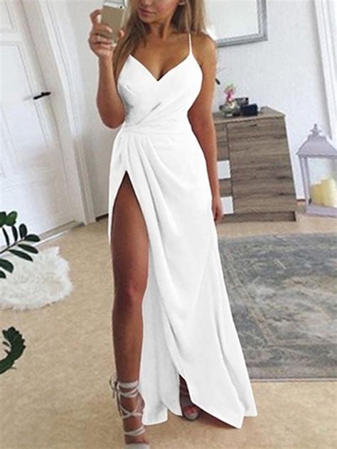 White Spaghetti Strap V Neck Slit Elegant Cocktail Party Prom Maxi Dress Maxi Dresses Dresses